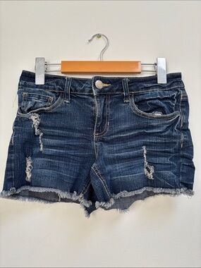 Lady Dutch Dark Wash Distressed Denim Shorts - Frayed Hem